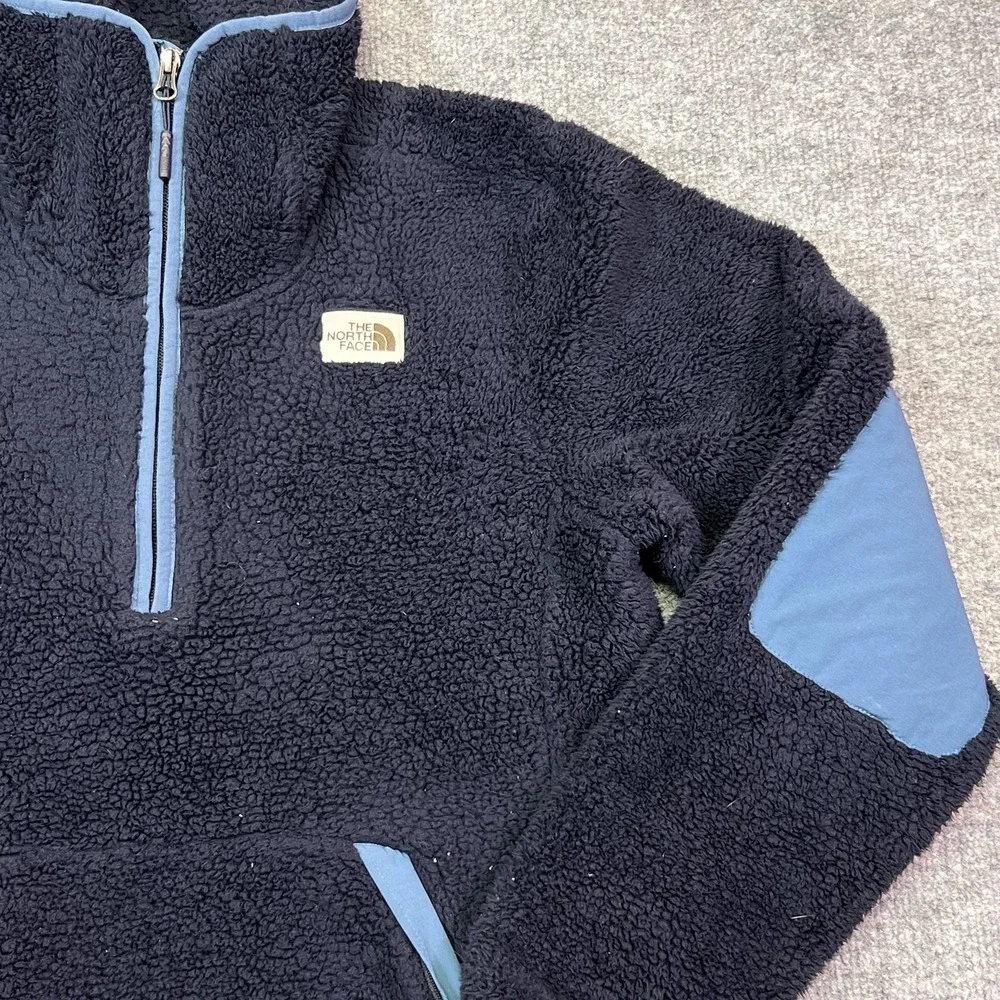 The North Face Campshire Jacket Mens Small Blue Sherpa Fleece Hooded 1/4 Zip